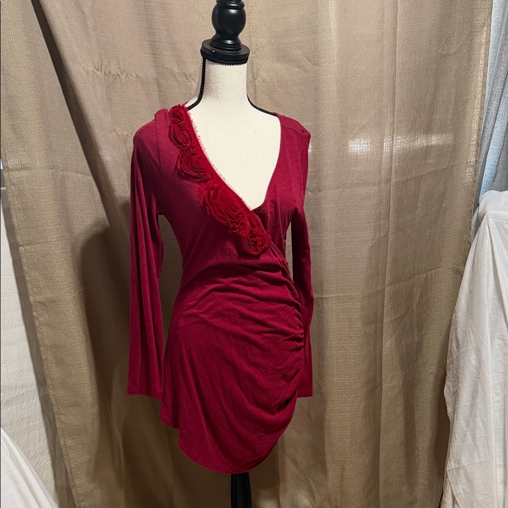 INC Ruched Deep V Long Sleeve Mini Dress in Berry Sz XL